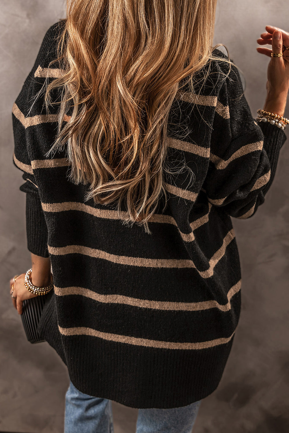 Black Stripe Buttoned V Neck Drop Shoulder Loose Cardigan-Chaelisa's New Jammies