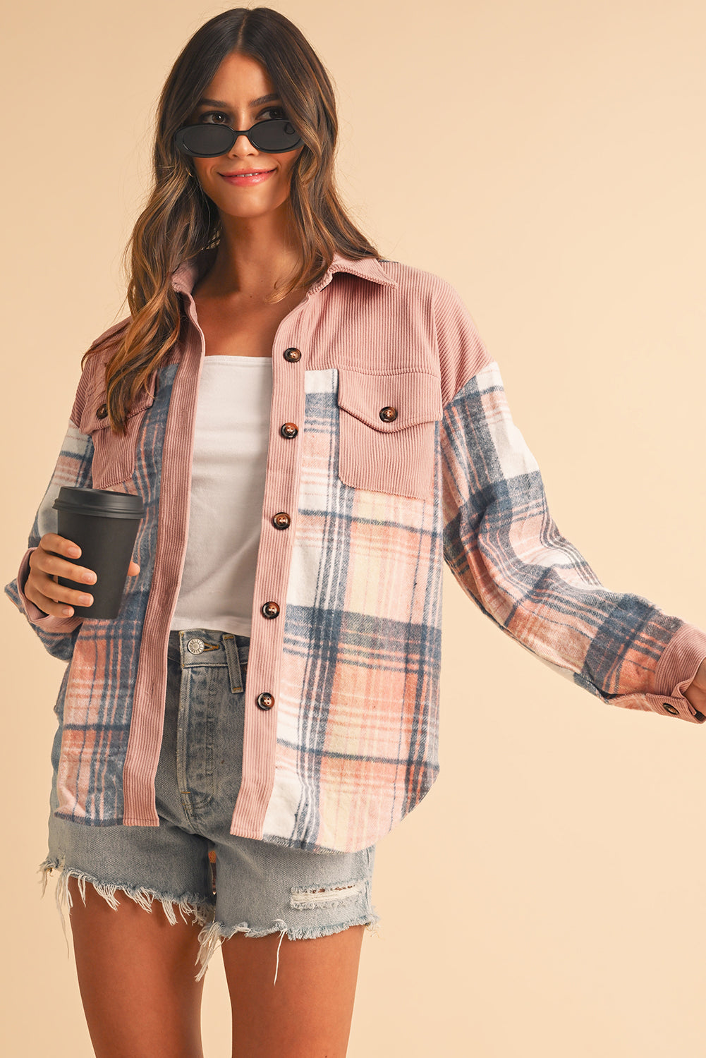 Light Pink Plaid Corduroy Patchwork Pocket Loose Shacket-Chaelisa's New Jammies