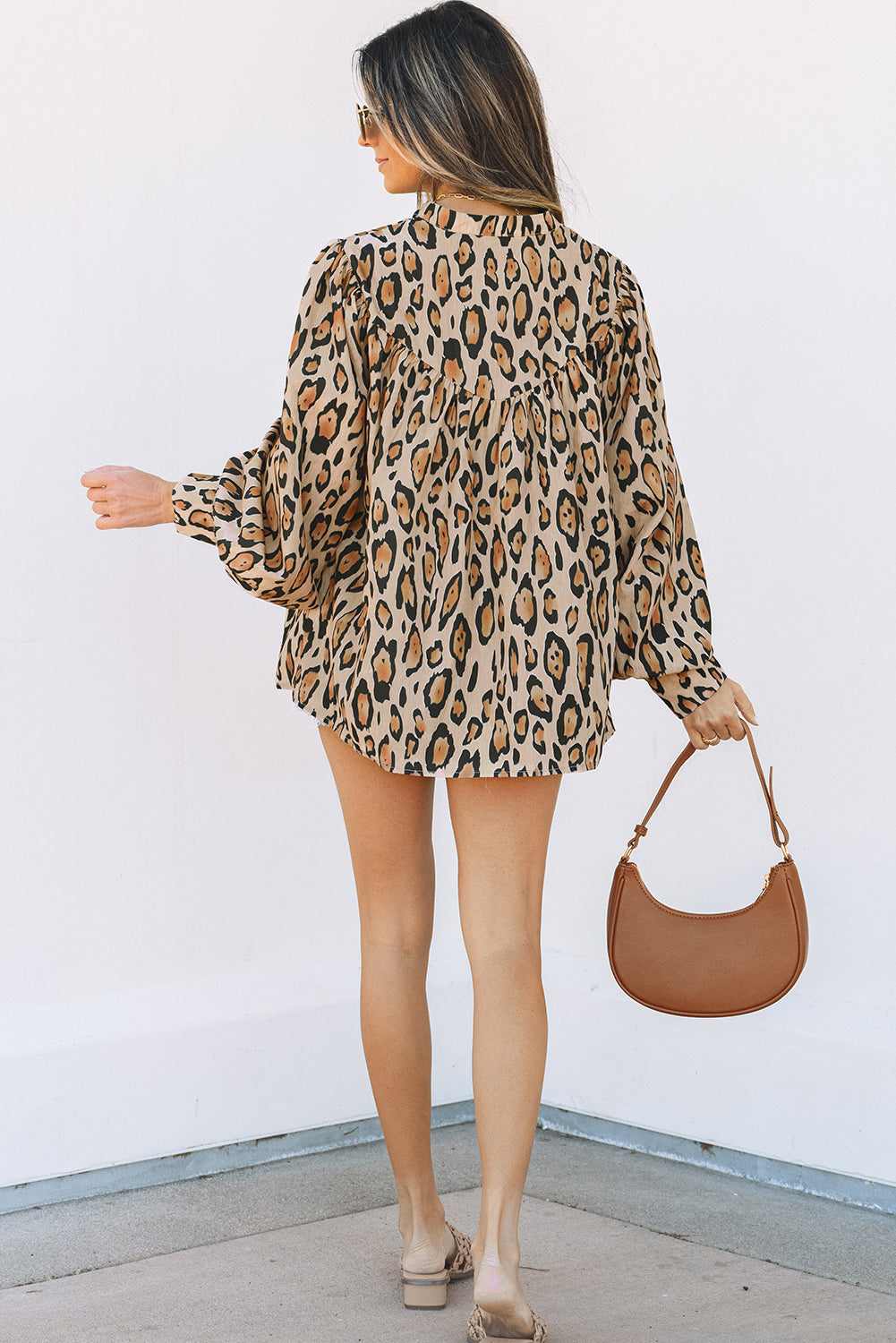 Light French Beige Oversized Leopard Print Balloon Sleeve Casual Shirt-Chaelisa's New Jammies