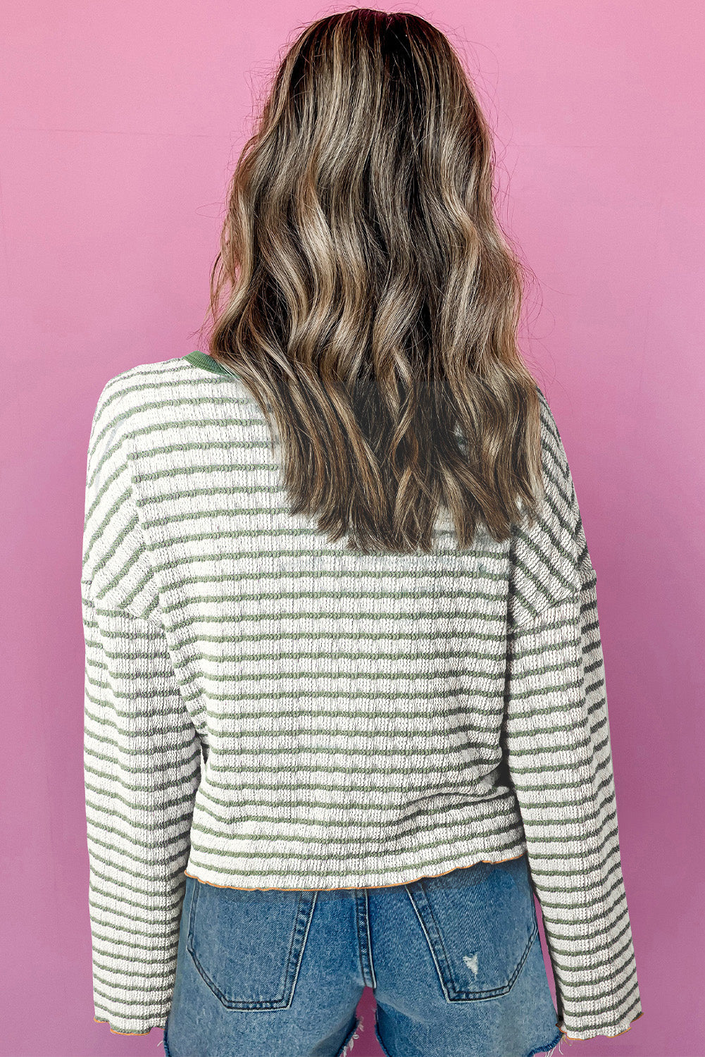 Green Stripe Textured Frilly Trim Buttons Henley Long Sleeve Top-Chaelisa's New Jammies