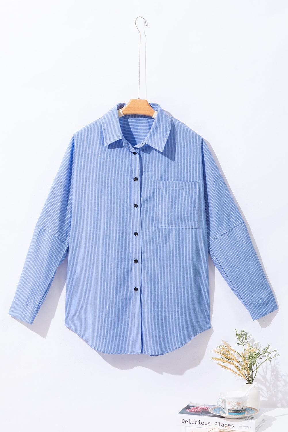 Sky Blue Stripe Roll-tab Sleeve Pocketed Long Shirt-Chaelisa's New Jammies