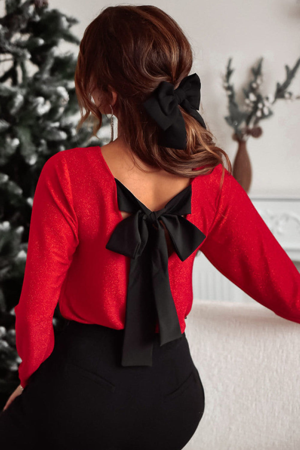 Racing Red Metallic Bowknot Open Back V Neck Top-Chaelisa's New Jammies