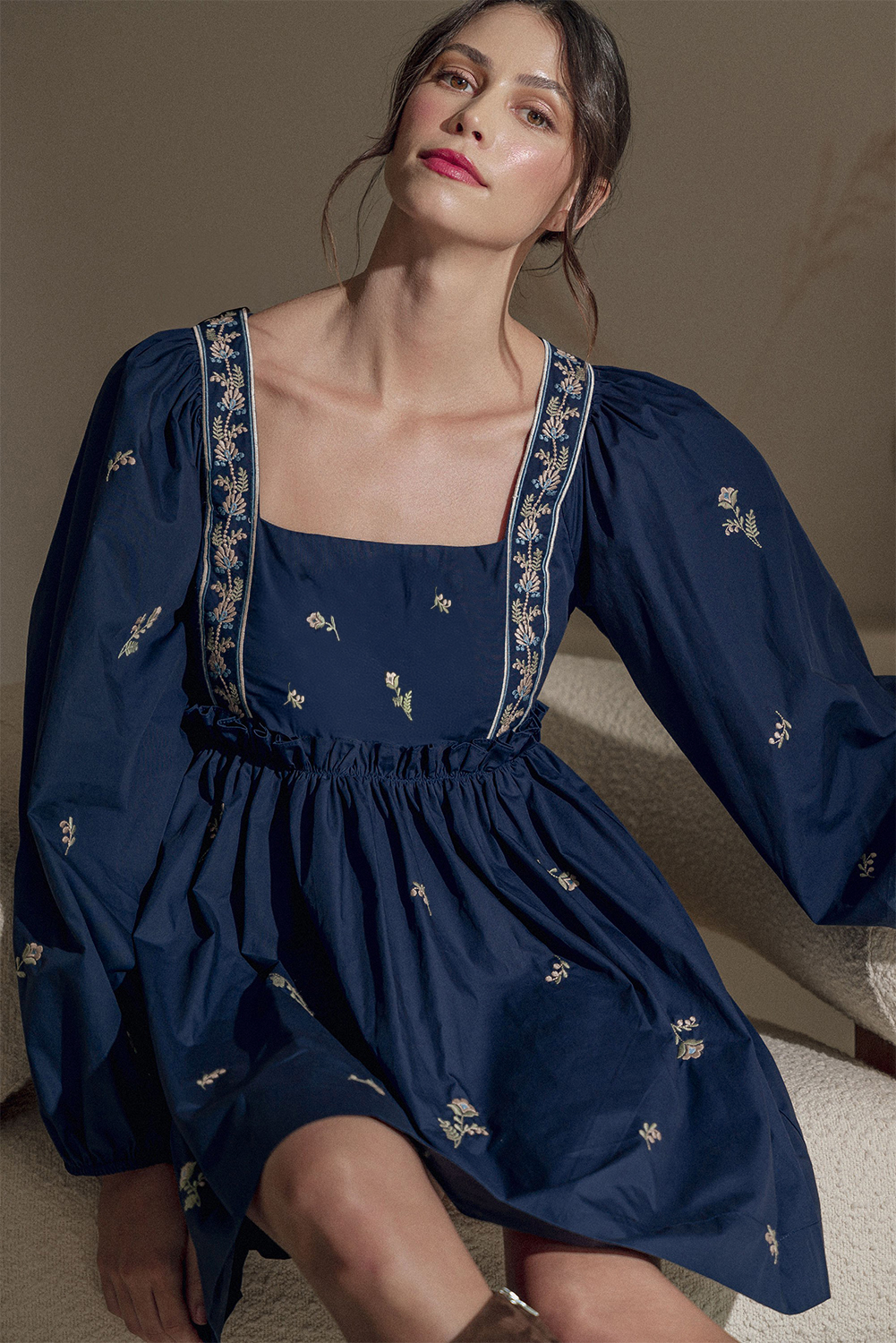 Blue Floral Embroidered Square Neck Puff Sleeve Ruffled Mini Dress-Chaelisa's New Jammies