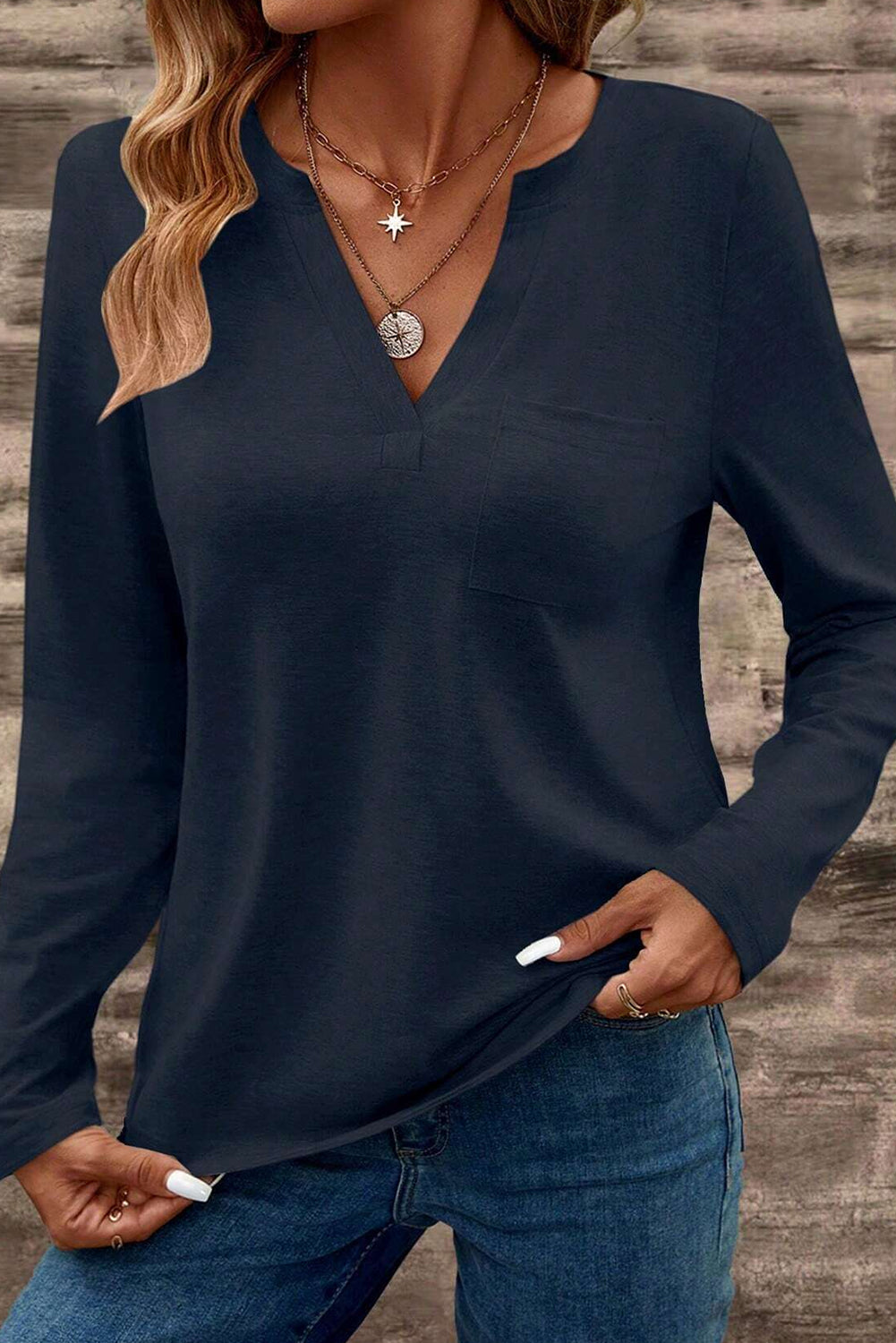 Dirty blue Notch V Neck Pocket Patched Long Sleeve T Shirt-Chaelisa's New Jammies