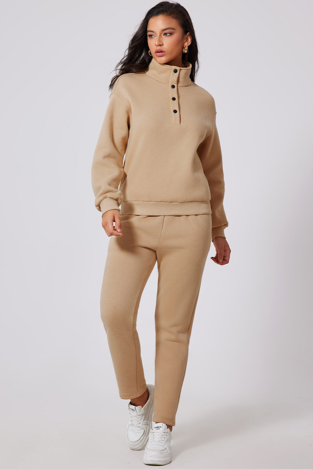 Parchment Solid Half Button Sweatshirt and High Waist Sweatpants Set-Chaelisa's New Jammies
