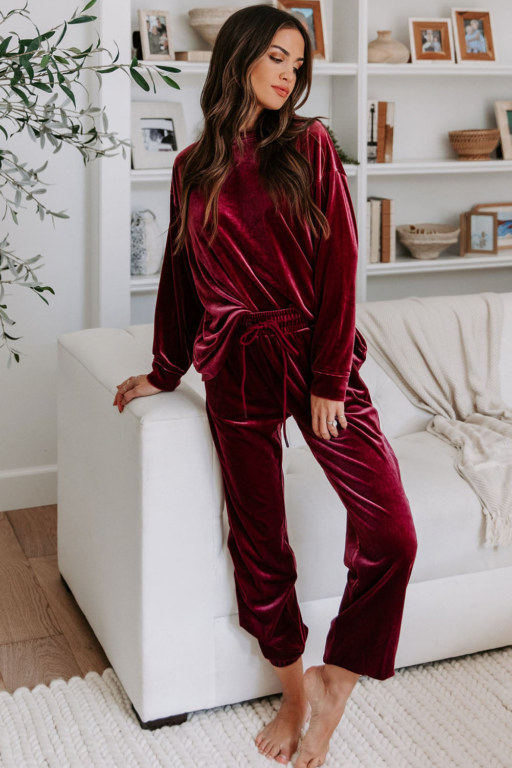 Fiery Red Solid Velvet Two Piece Lounge Set-Chaelisa's New Jammies