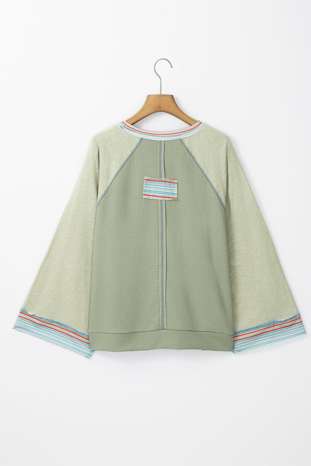 Meadow Mist Green Waffle Knit Wide Bracelet Sleeve Patchwork Raglan Top-Chaelisa's New Jammies