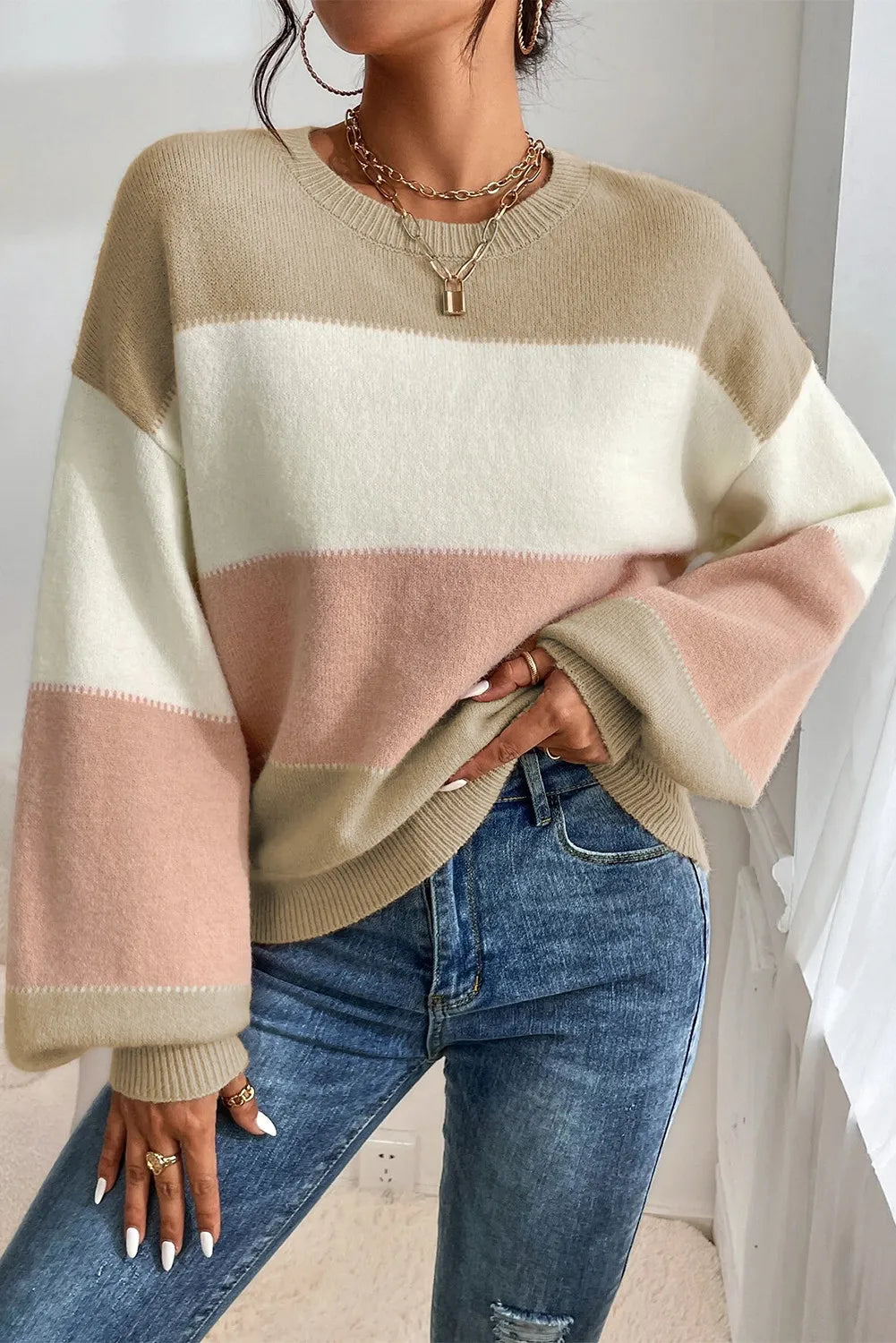 Color Block Round Neck Lantern Sleeve Sweater-Chaelisa's New Jammies