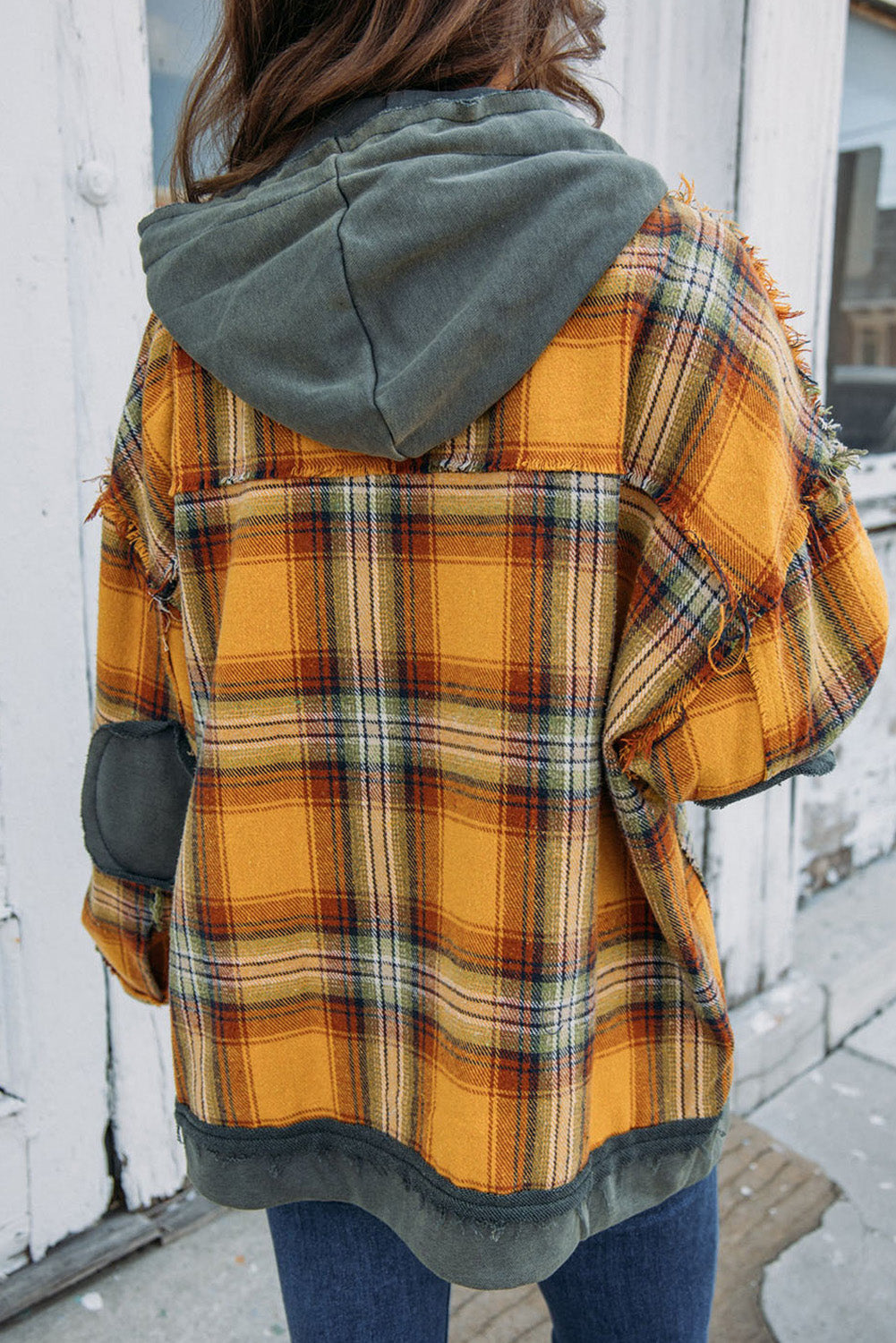 Orange Plaid Patch Hooded Frayed Snap Button Jacket-Chaelisa's New Jammies