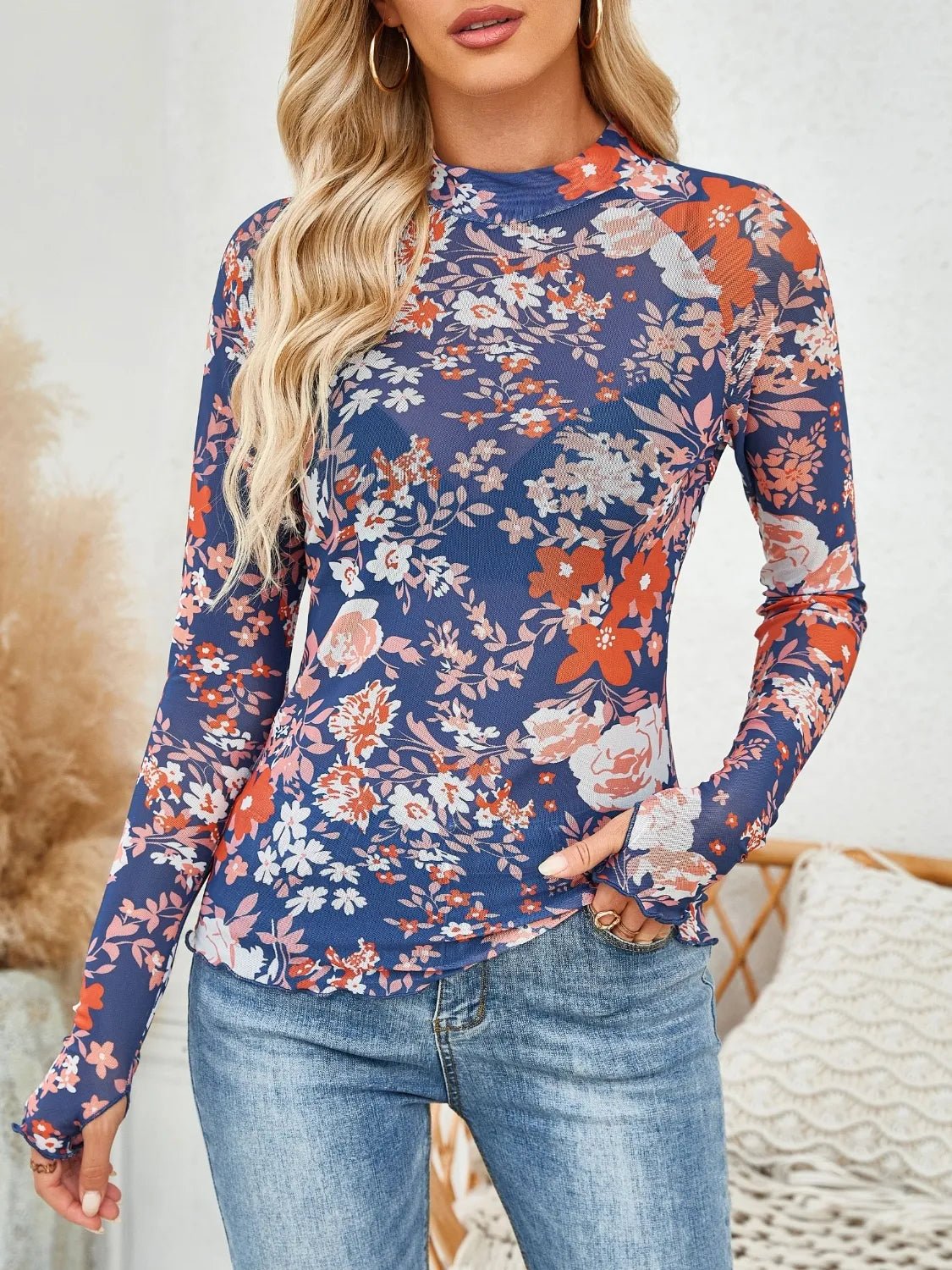 Floral Mock Neck Long Sleeve Top - Chaelisa's New Jammies