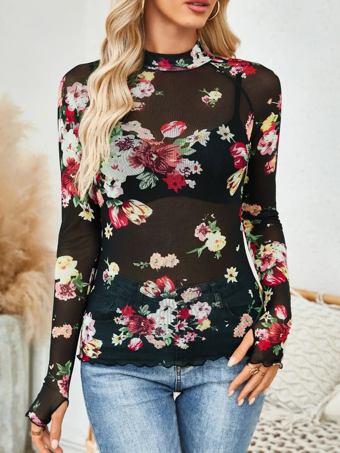 Floral Mock Neck Long Sleeve Top - Chaelisa's New Jammies