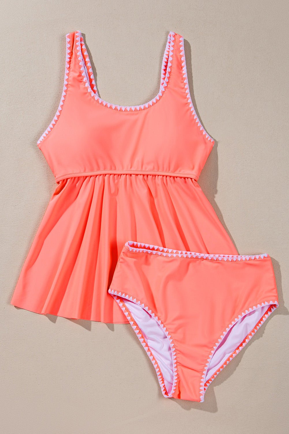 Fresh Salmon Contrast Trim Ruffled Peplum Top Tankini Swimsuit - Chaelisa's New Jammies