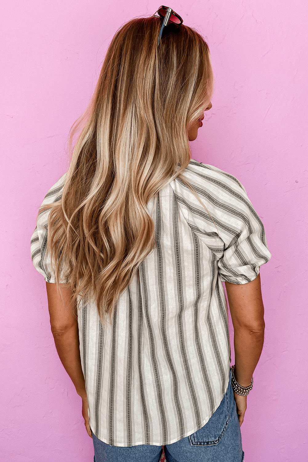 Gray Stripe Frilled Tie Neck Short Sleeve Blouse - Chaelisa's New Jammies