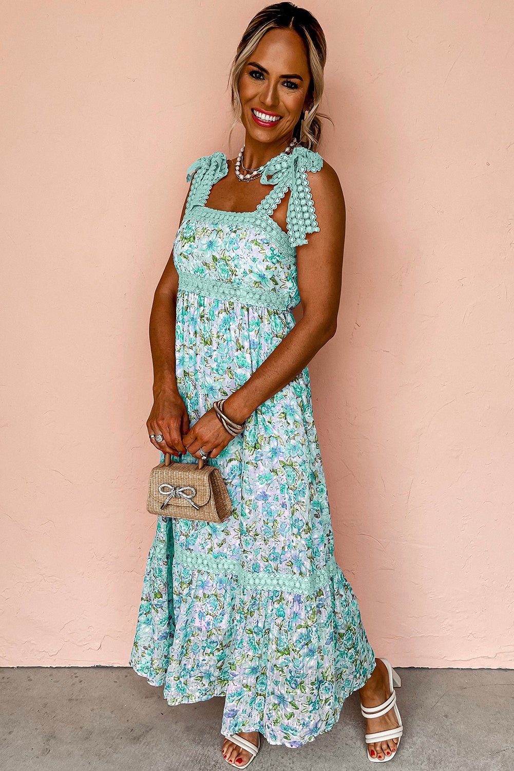 Green Floral Lace Tied Strap Empire Waist Maxi Dress - Chaelisa's New Jammies