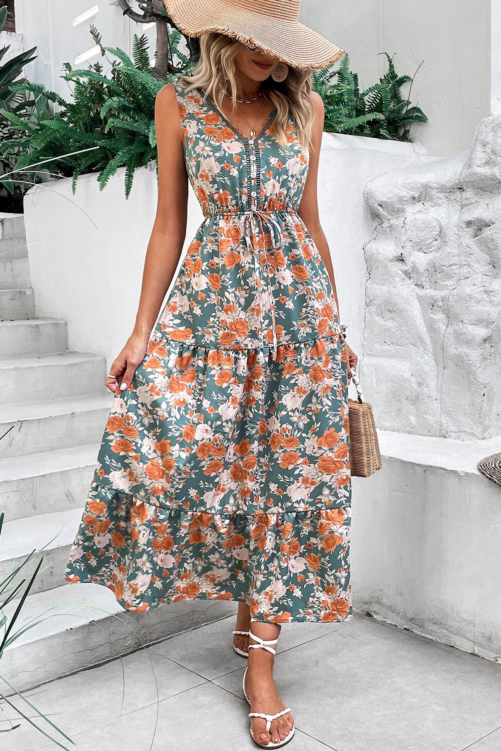 Green Floral Print Trimmed V Neck Tie Waist Sleeveless Holiday Long Dress - Chaelisa's New Jammies