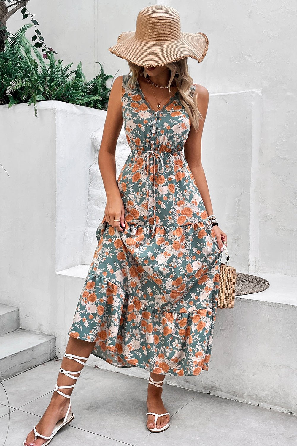 Green Floral Print Trimmed V Neck Tie Waist Sleeveless Holiday Long Dress - Chaelisa's New Jammies