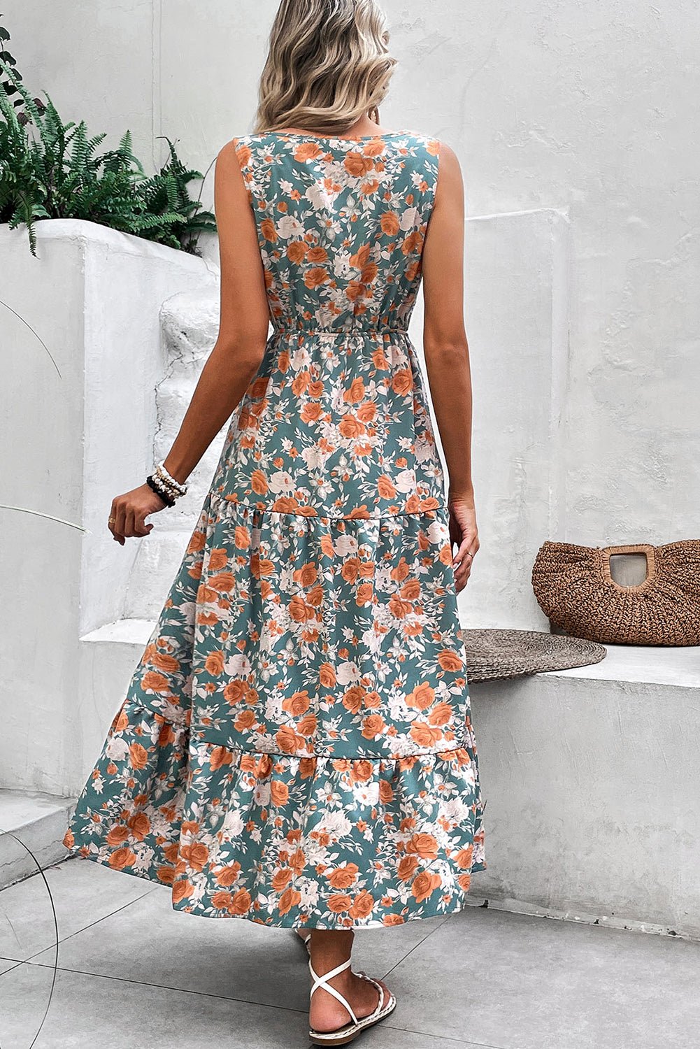 Green Floral Print Trimmed V Neck Tie Waist Sleeveless Holiday Long Dress - Chaelisa's New Jammies