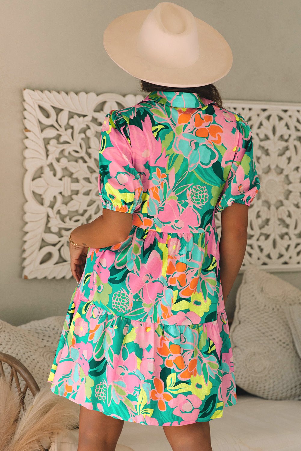 Green Floral Puff Sleeve Collar Buttoned Babydoll Dress - Chaelisa's New Jammies