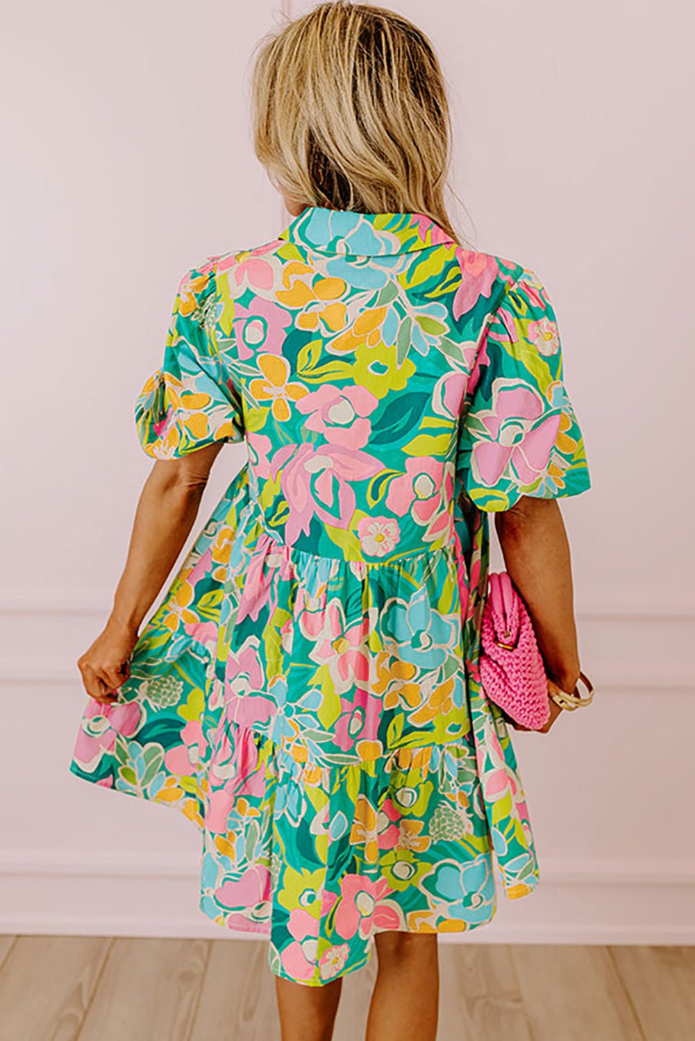 Green Floral Puff Sleeve Collar Buttoned Babydoll Dress - Chaelisa's New Jammies