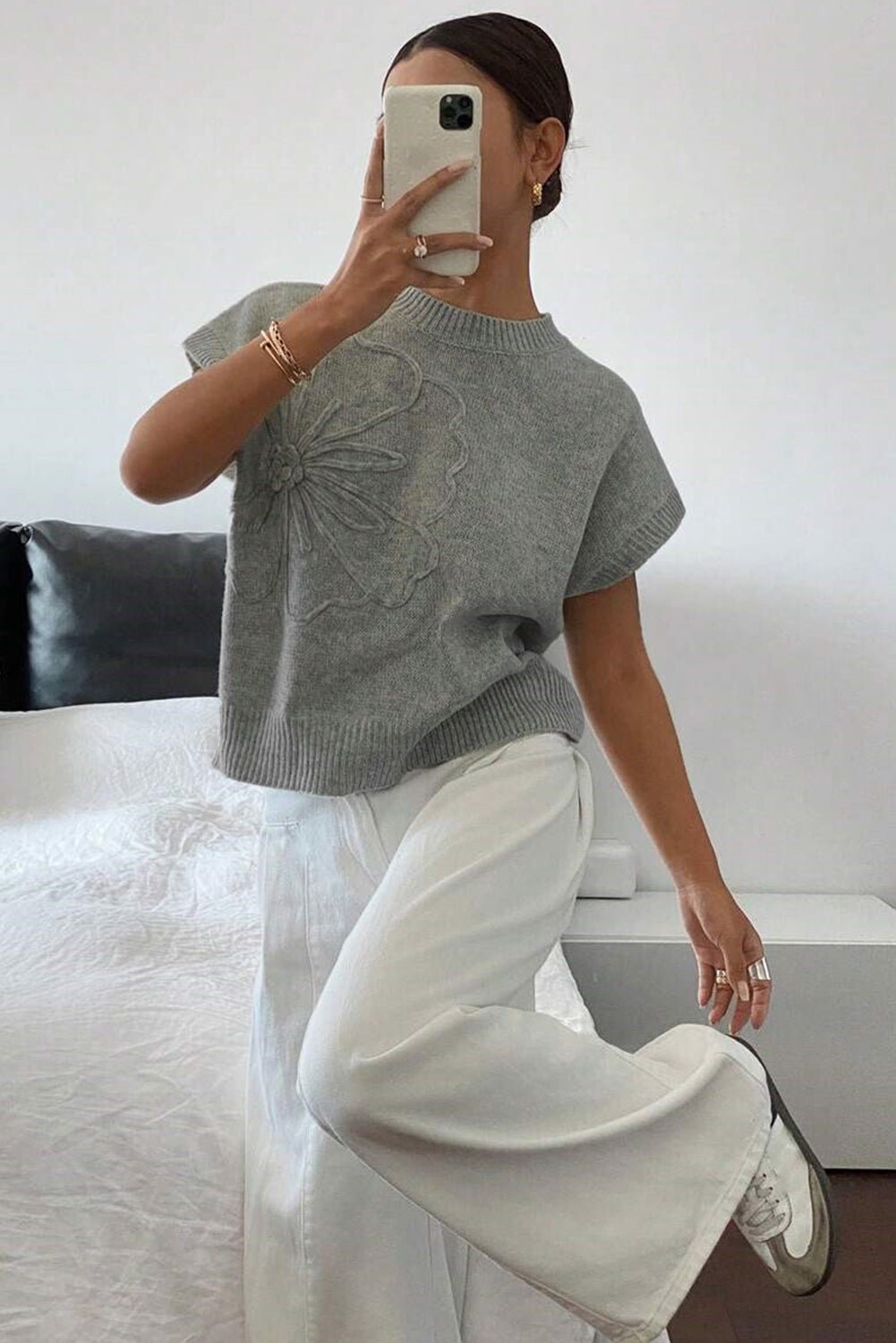 High Flower Pattern Ribbed Trim Short Sleeve Boxy Sweater - Chaelisa's New Jammies