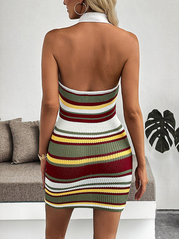 New Retro Striped Halter Neck Open Back Slim Fit Knit Dress