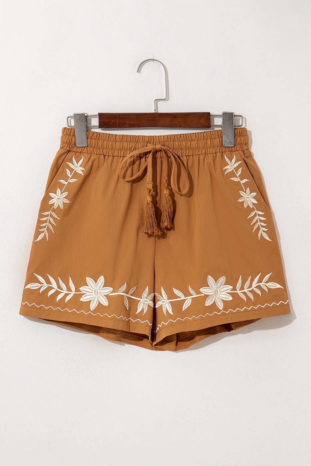 Khaki Embroidered Boho Tasseled Drawstring Elastic Waist Casual shorts - Chaelisa's New Jammies
