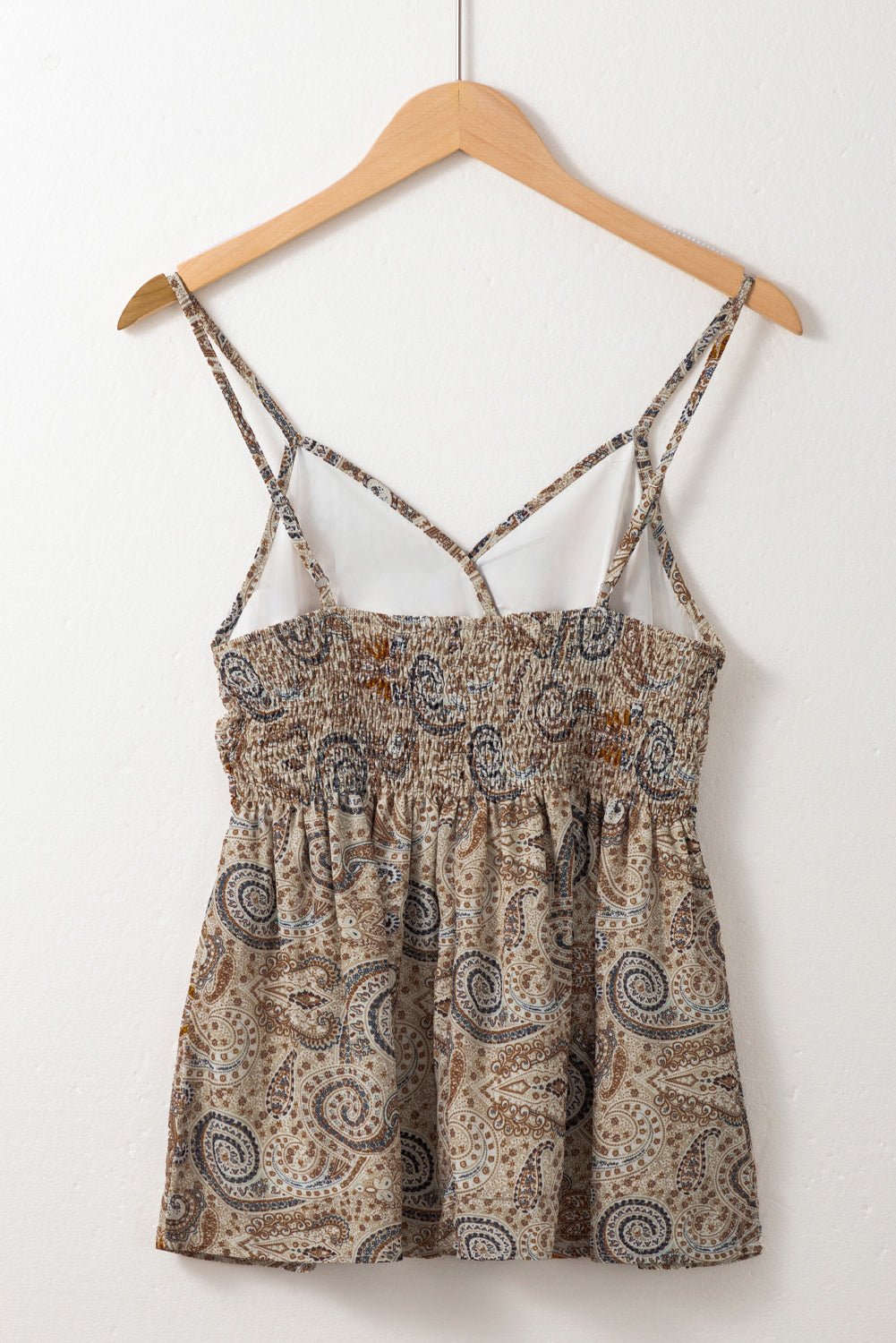 Khaki Paisley Printed Spaghetti Strap V Neck Smocked Babydoll Tank Top - Chaelisa's New Jammies