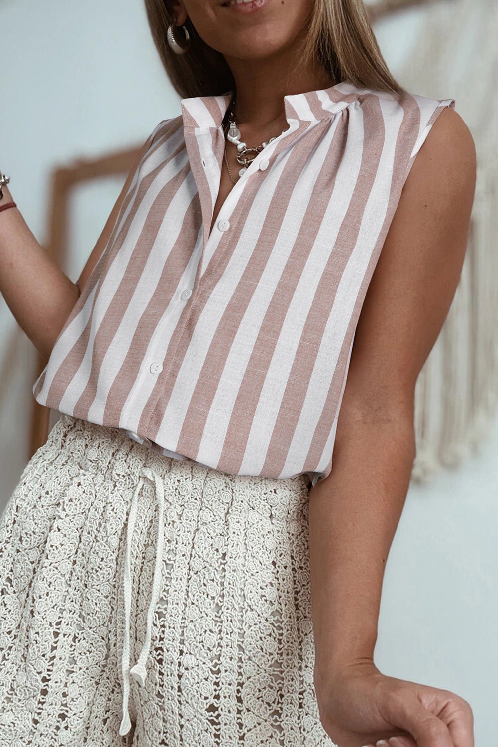 Khaki Stripe Casual Button Down Sleeveless Shirt - Chaelisa's New Jammies