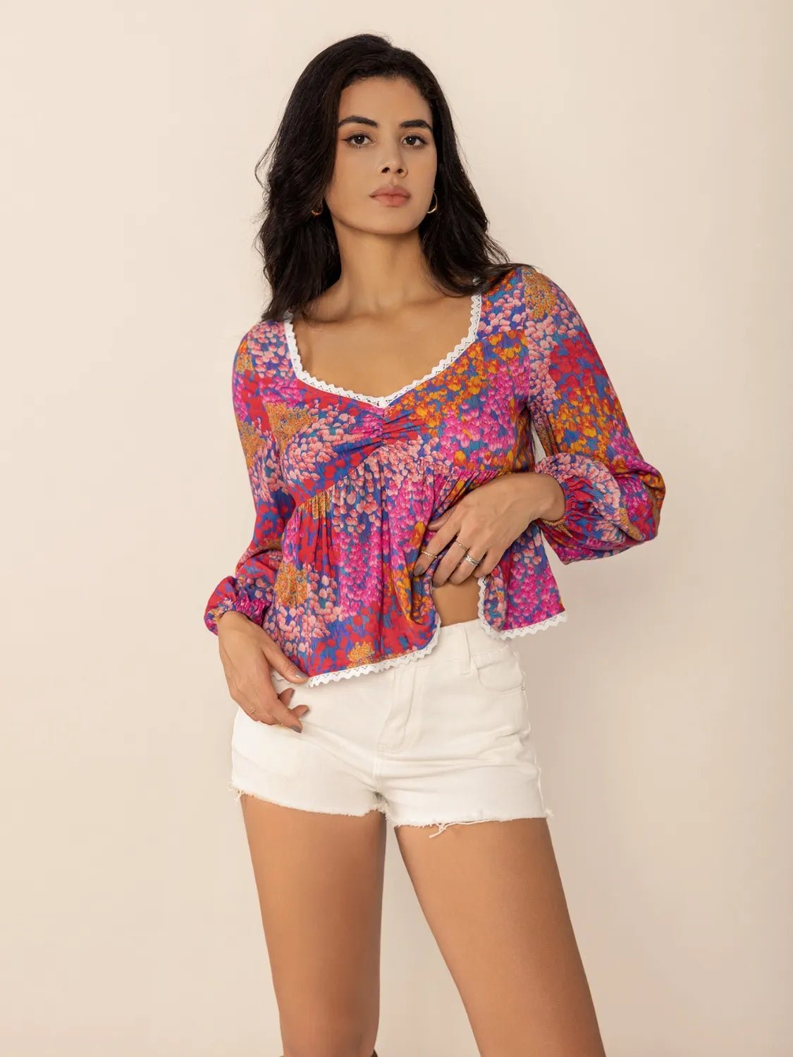 Lace Detail Printed Balloon Sleeve Top - Chaelisa's New Jammies