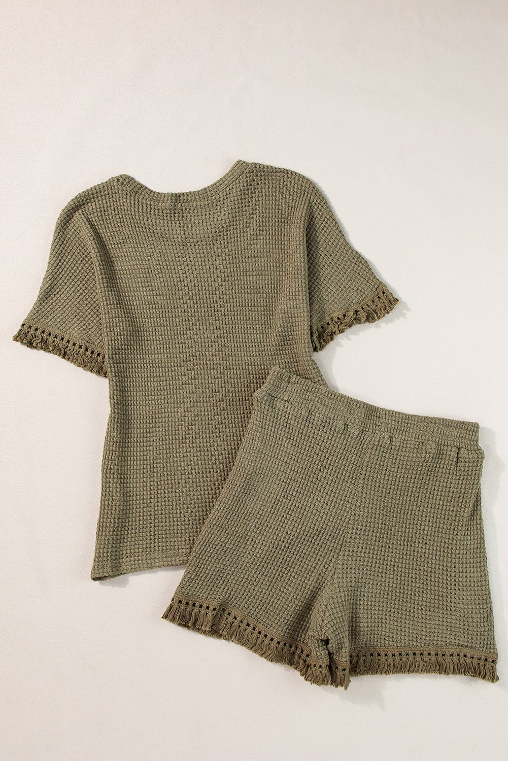 Laurel Green Fringe Trim Textured Short Two Piece Set - Chaelisa's New Jammies