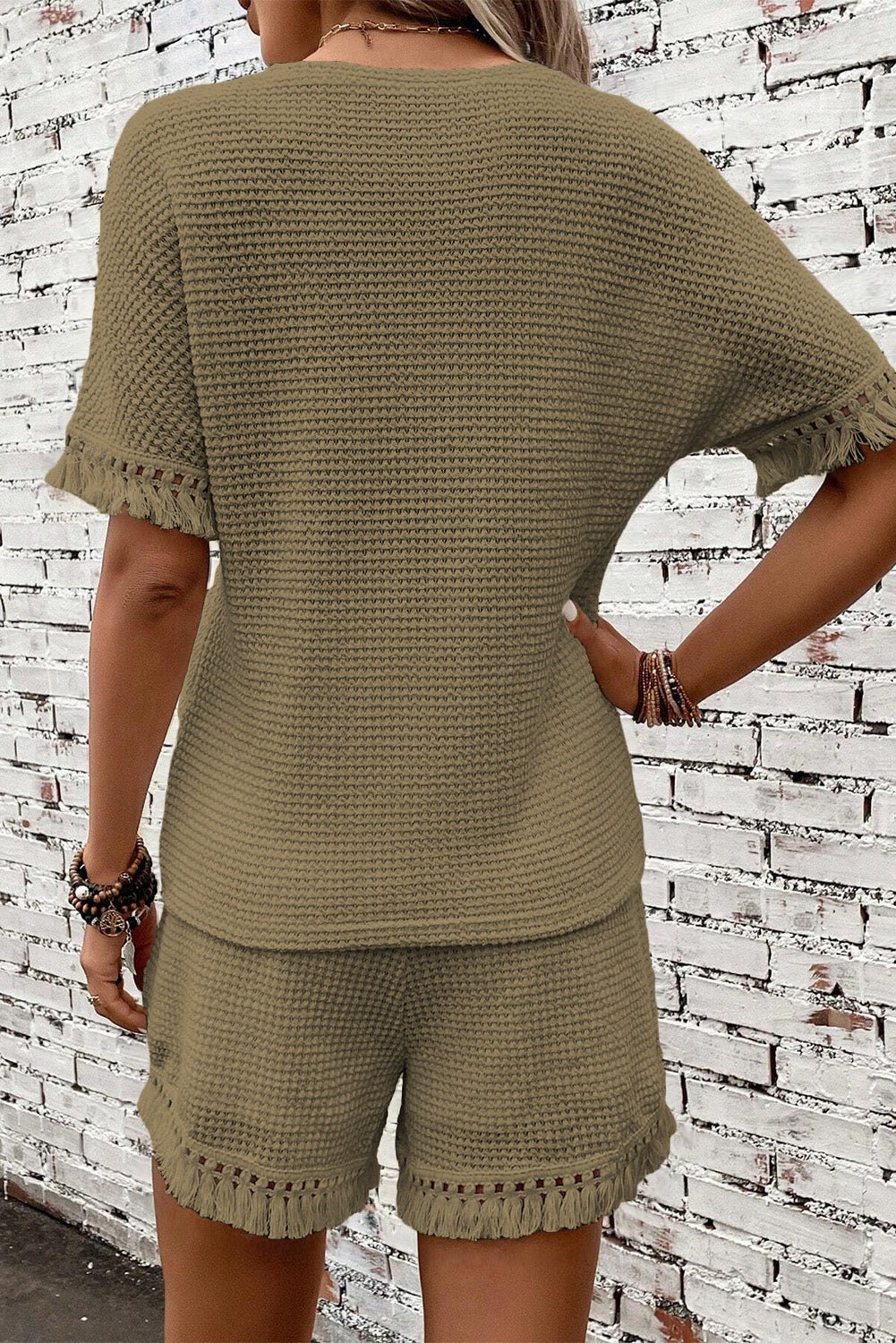 Laurel Green Fringe Trim Textured Short Two Piece Set - Chaelisa's New Jammies