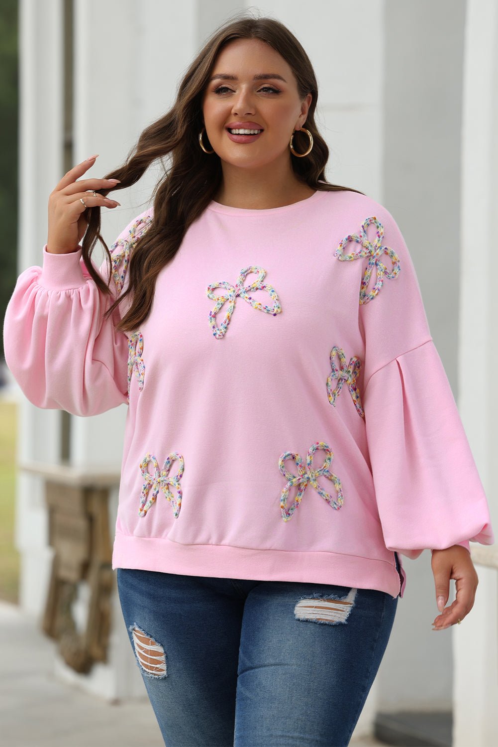Light Pink Embroidered Bow Lantern Sleeve Oversized Pullover Sweatshirt - Chaelisa's New Jammies