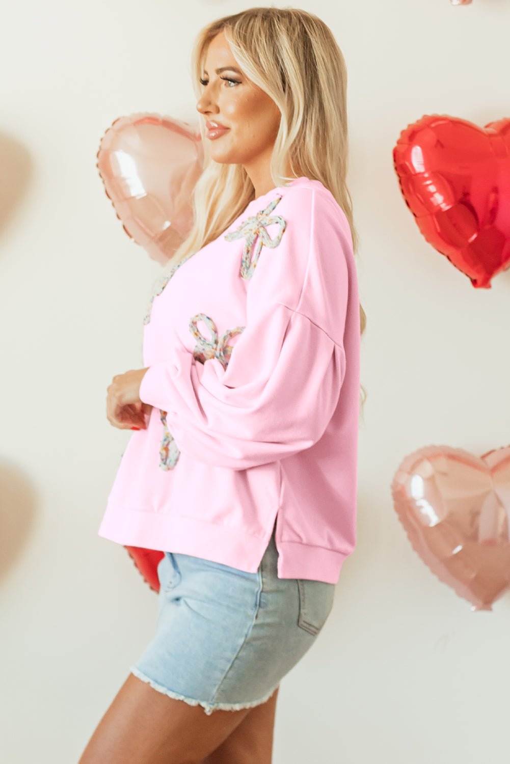 Light Pink Embroidered Bow Lantern Sleeve Oversized Pullover Sweatshirt - Chaelisa's New Jammies