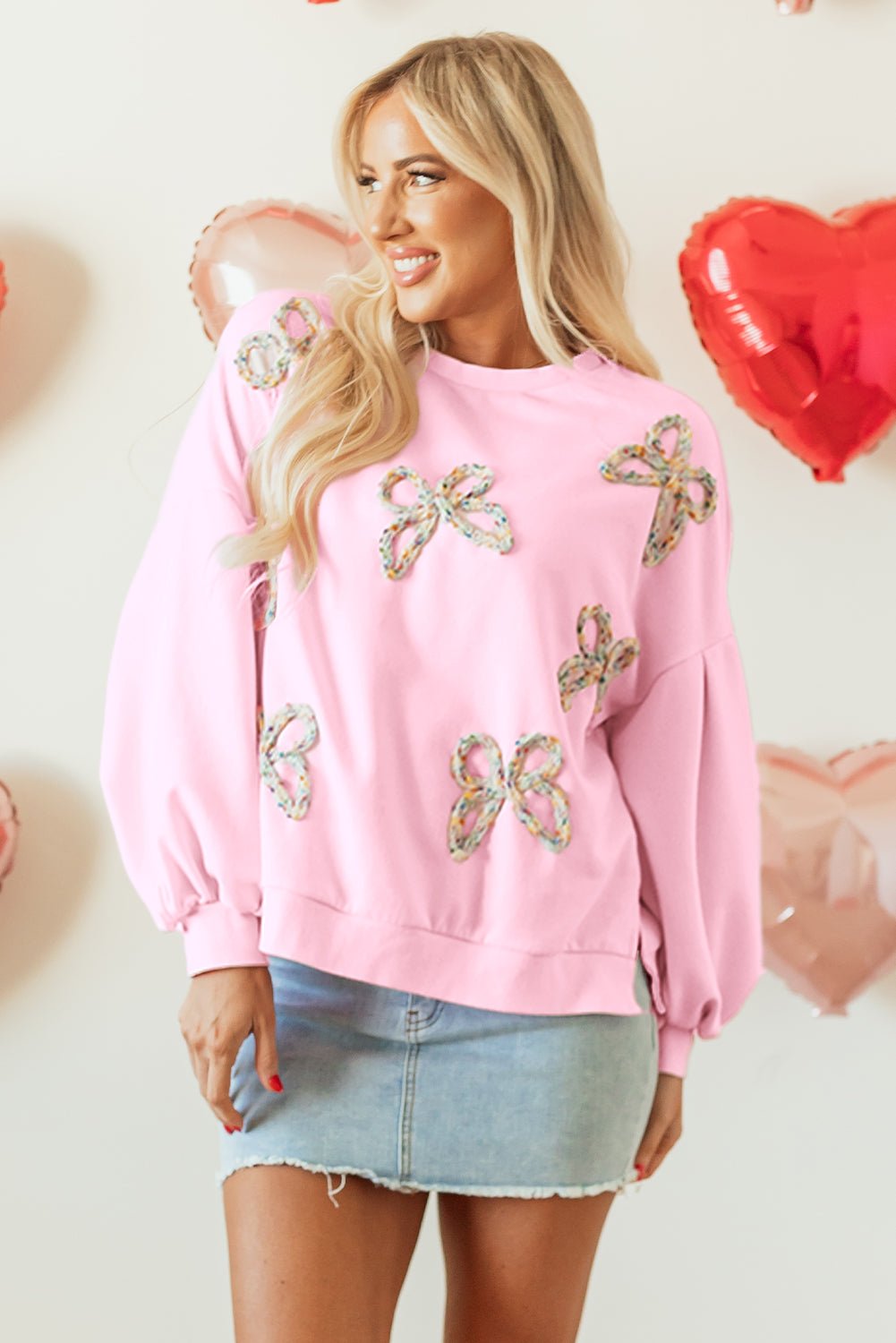 Light Pink Embroidered Bow Lantern Sleeve Oversized Pullover Sweatshirt - Chaelisa's New Jammies