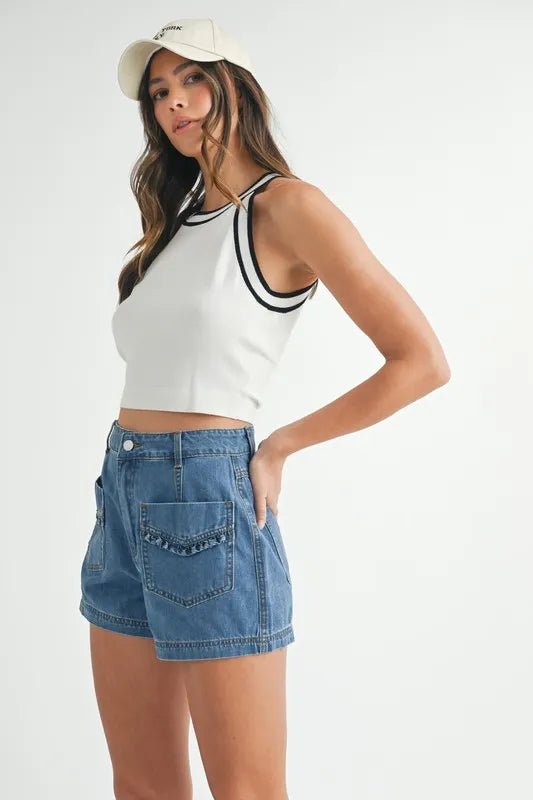 MABLE Contrast Trim Grecian Neck Cropped Tank - Chaelisa's New Jammies