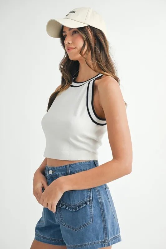 MABLE Contrast Trim Grecian Neck Cropped Tank - Chaelisa's New Jammies