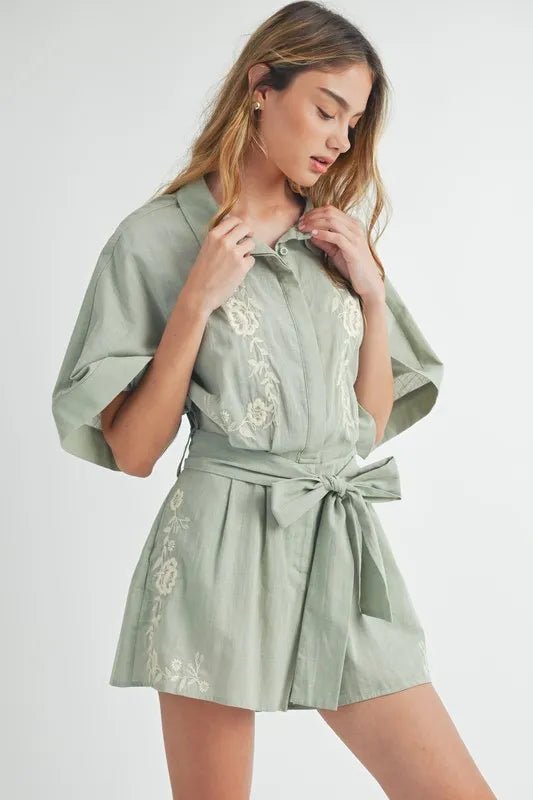 MABLE Embroidered Button Down Collared Neck Romper - Chaelisa's New Jammies