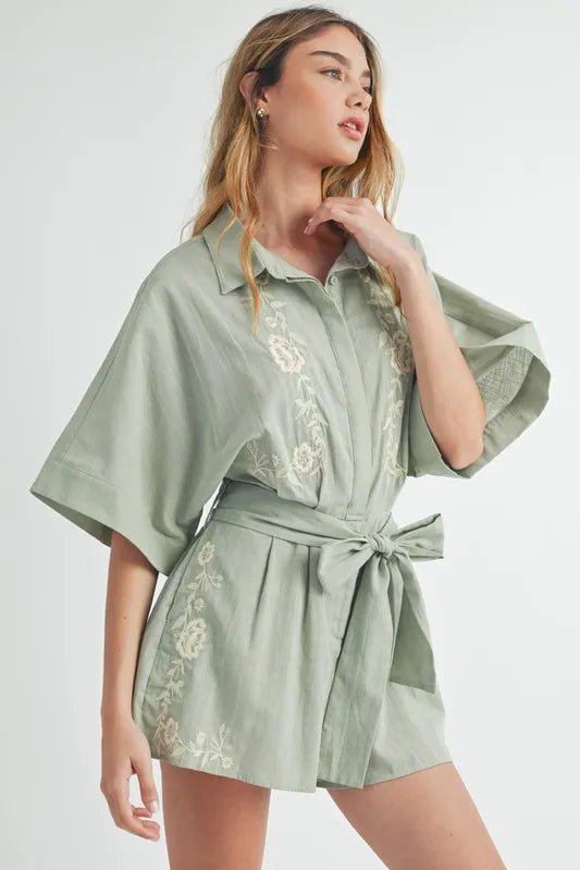 MABLE Embroidered Button Down Collared Neck Romper - Chaelisa's New Jammies