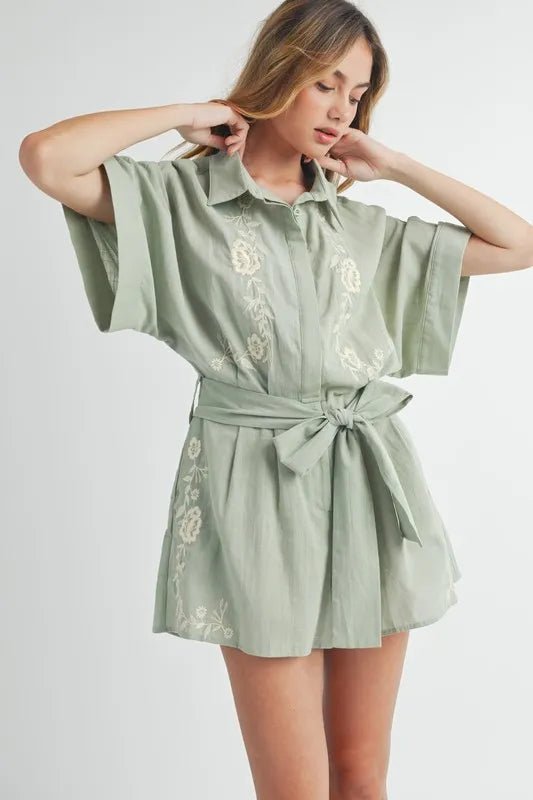 MABLE Embroidered Button Down Collared Neck Romper - Chaelisa's New Jammies