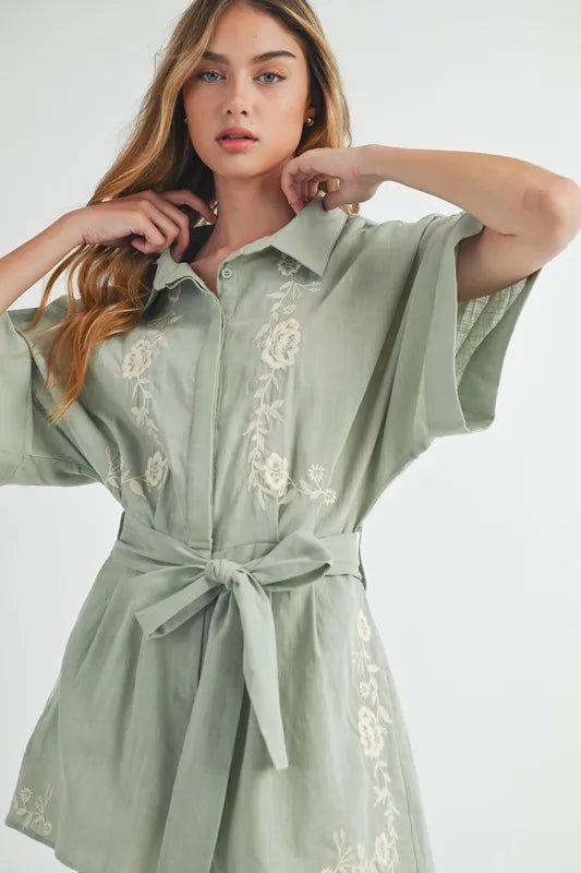 MABLE Embroidered Button Down Collared Neck Romper - Chaelisa's New Jammies