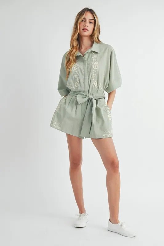 MABLE Embroidered Button Down Collared Neck Romper - Chaelisa's New Jammies