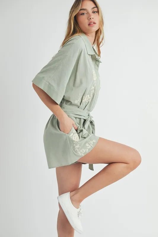 MABLE Embroidered Button Down Collared Neck Romper - Chaelisa's New Jammies
