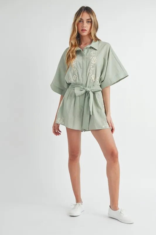 MABLE Embroidered Button Down Collared Neck Romper - Chaelisa's New Jammies
