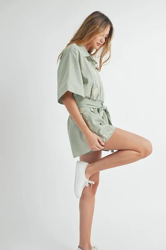 MABLE Embroidered Button Down Collared Neck Romper - Chaelisa's New Jammies