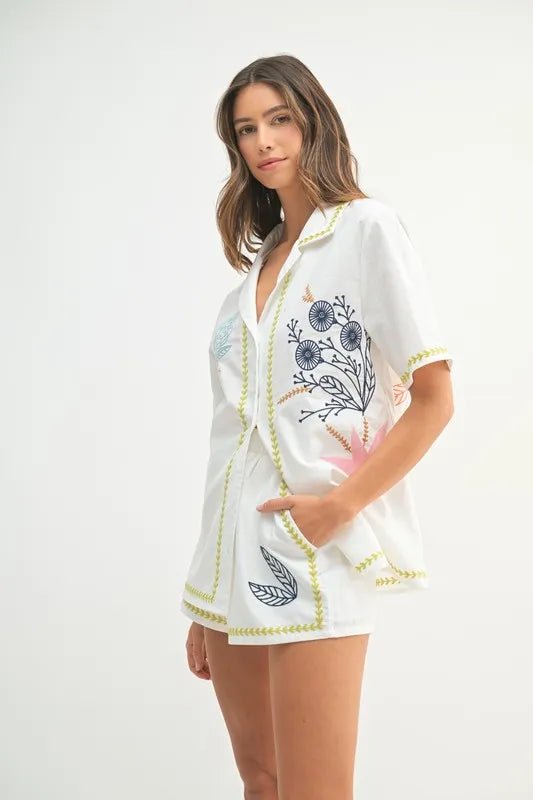 MABLE Embroidered Button Down Shirt and Shorts Set - Chaelisa's New Jammies