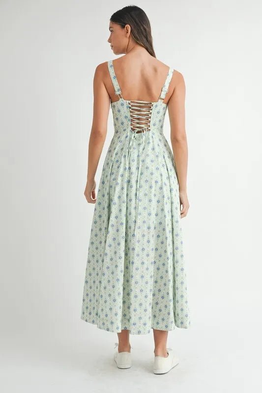 MABLE Floral Print Bustier Back Lace Up Midi Dress - Chaelisa's New Jammies