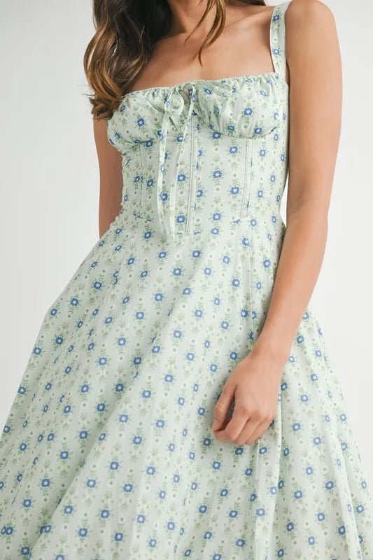 MABLE Floral Print Bustier Back Lace Up Midi Dress - Chaelisa's New Jammies