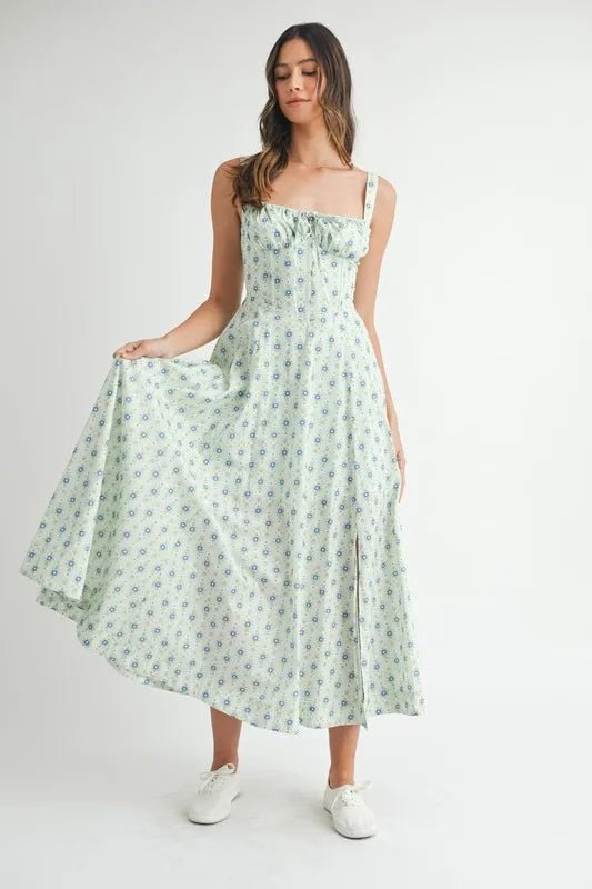 MABLE Floral Print Bustier Back Lace Up Midi Dress - Chaelisa's New Jammies