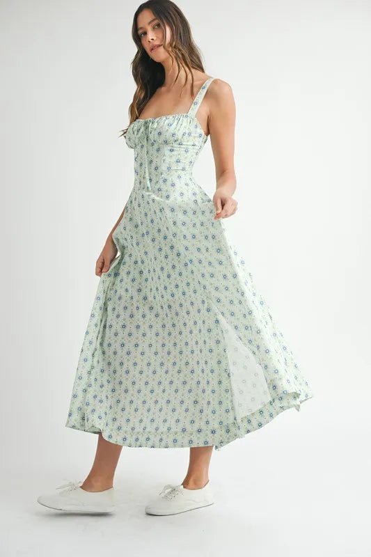 MABLE Floral Print Bustier Back Lace Up Midi Dress - Chaelisa's New Jammies