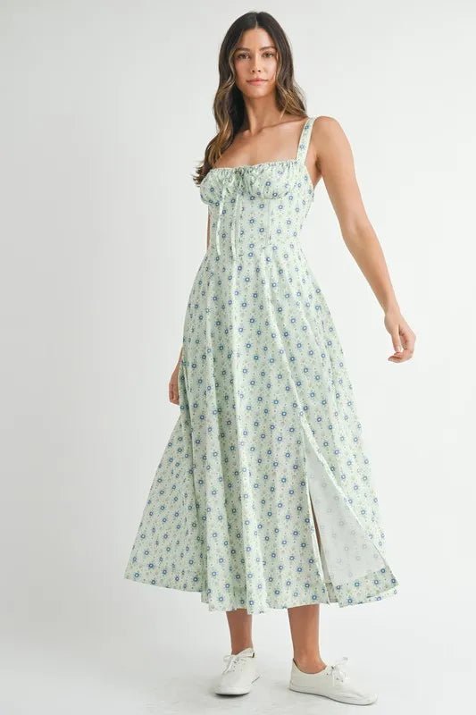 MABLE Floral Print Bustier Back Lace Up Midi Dress - Chaelisa's New Jammies